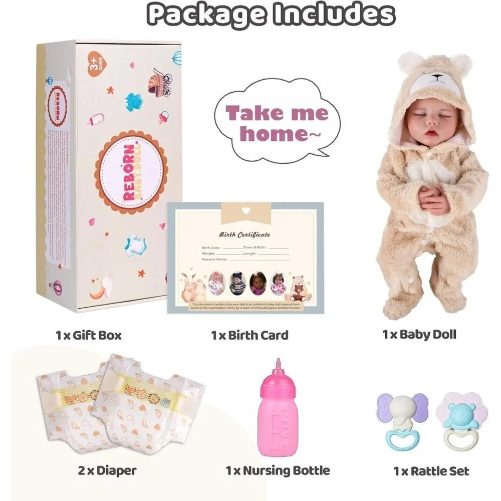 🆕17 Inch Realistic Full Body Soft Vinyl Silicone Girl Doll in Bear Outfit